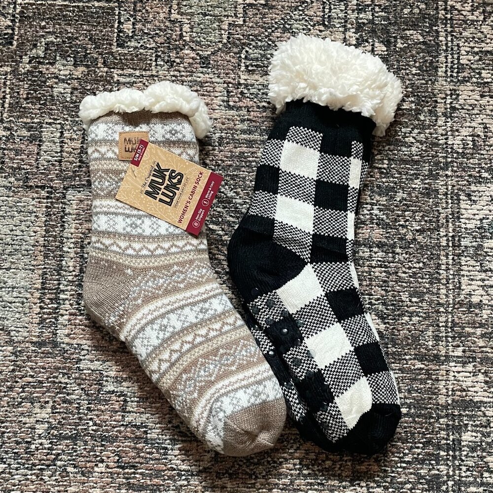 Muk Luks Cabin Socks 2 Pair Sherpa Slipper Socks Buffalo Plaid